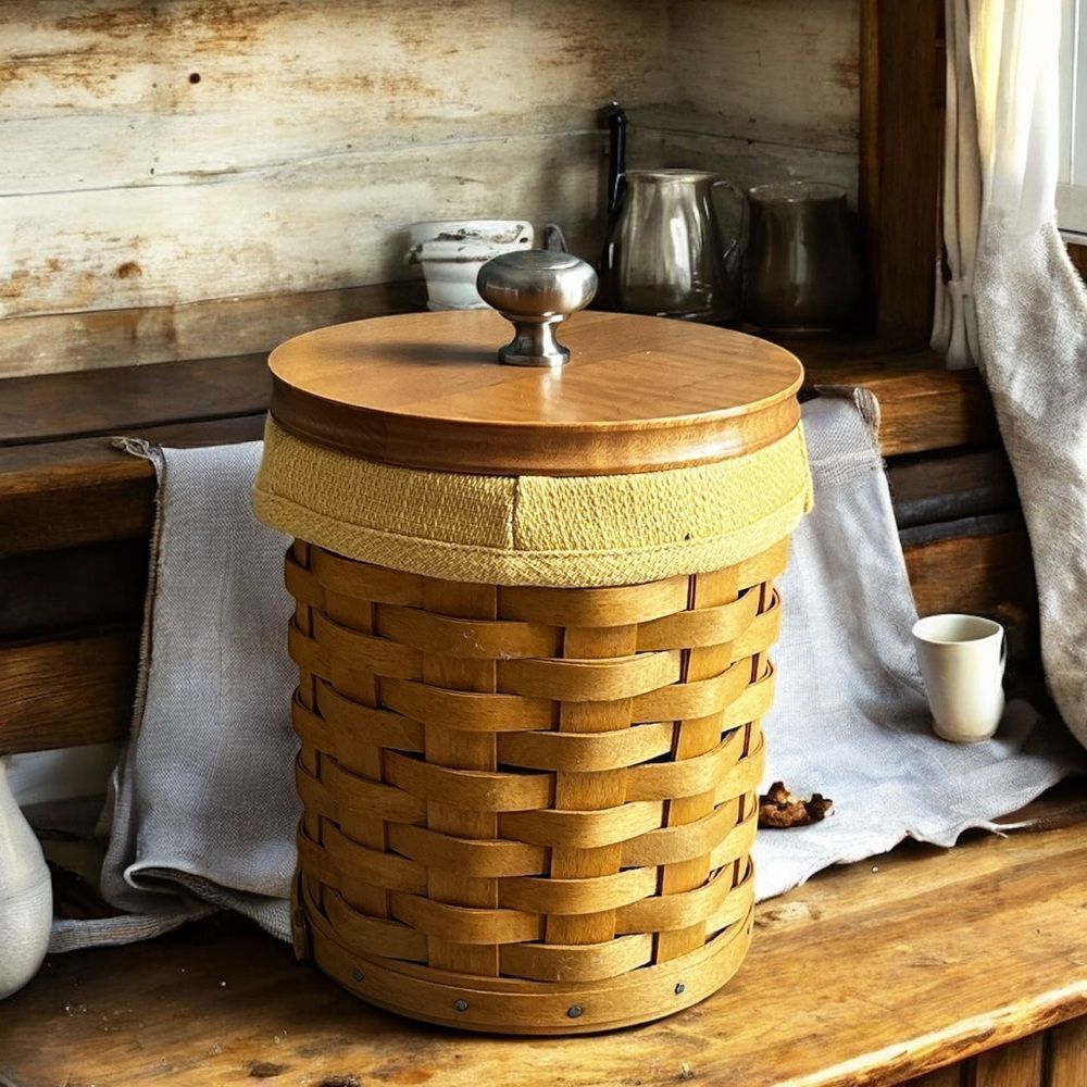 Longaberger Basket Canister w/Wood Lid & Plastic Insert/Air Tight Lid and Liner
